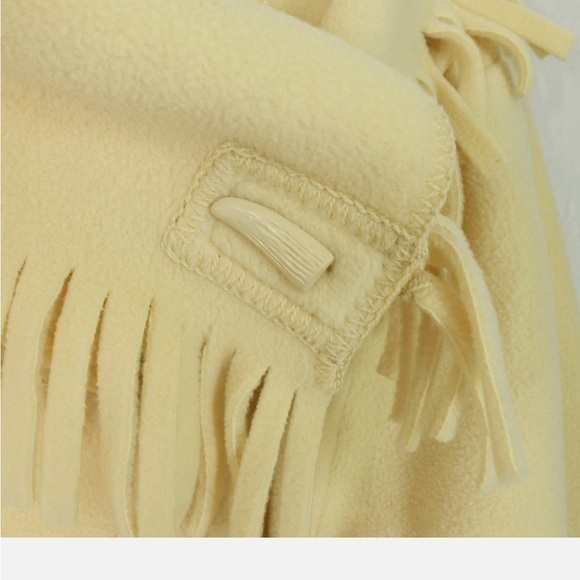 Linda Lundstrom Coat 12 Cream Fleece Fringe Scarf Collar Pockets Toggle Button - Picture 7 of 16